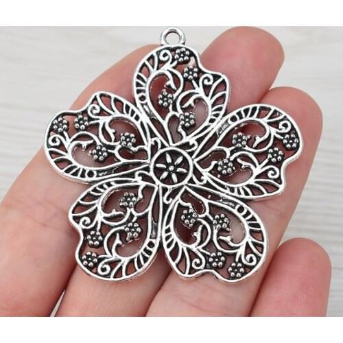 5pcs/lot Tibetan Silver Large Hollow Open Filigree Flower Charms Pendants for Necklace Jewelry Making Findings 55x53mm