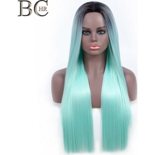 BCHR Long Straight Ombre Wig Dark Roots Synthetic Wigs Mint Green Red Color Heat Resistant Hair for Women Free Shipping