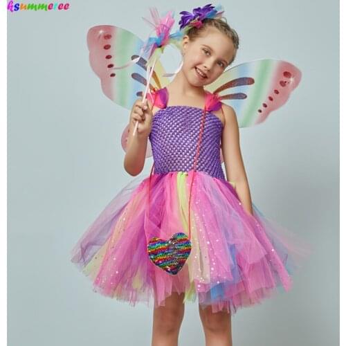 Girls Glitter Tutu Dress with Butterfly Wings & Fairy Wand Kids Rainbow Fairy Party Cosplay Costume Girls Rainbow Tulle Dress