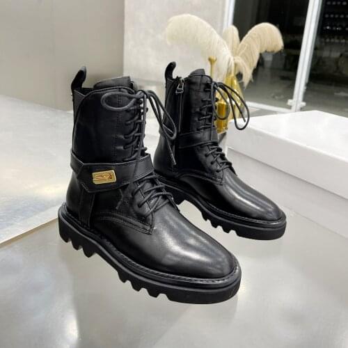 Thick Bottom Martin Boots Button Decor Ankle Boots Classic Round Toe Women Boots Genuine Leather Women Shoes 2021 Autumn Boots