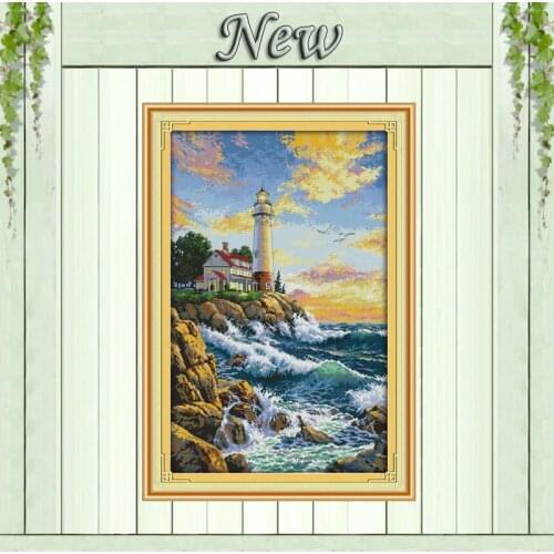 The lighthouse sea scenery decor paintings counted print on canvas DMC 14CT 11CT DIY Cross Stitch Embroider kits Needlework Sets