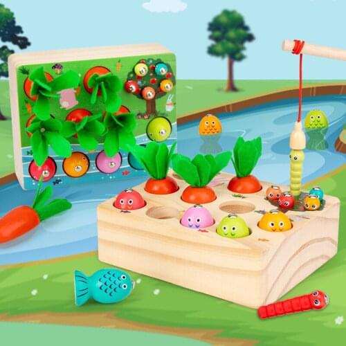 Montessori Wooden Carrots Harvest Toys Matching 3D Puzzles Magnetic Fishing Game Educational Grasp Sensory Toys For Boys Girls