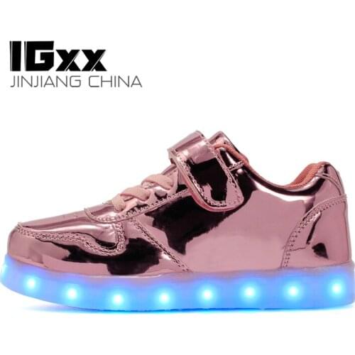 IGxx LED Light Up Shoes LED For Kids Hook&Loop USB Charging Glowing LED Girls Shoes Child Luminous Sneaker PU Toddler Pink