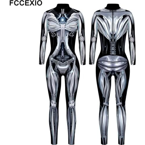 FCCEXIO 2021 Skeleton Print Jumpsuits Women Halloween Cosplay Costumes Attack on Titan Mechanical Bodysuits Zentai Anime Outfit