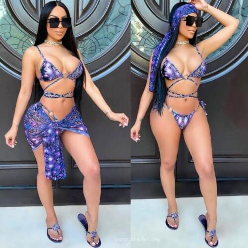 Felyn 2020 Best Quality Famous Brand 3 pcs Women Set Print Bikini Set Mini Dress Summer Beach Outfits