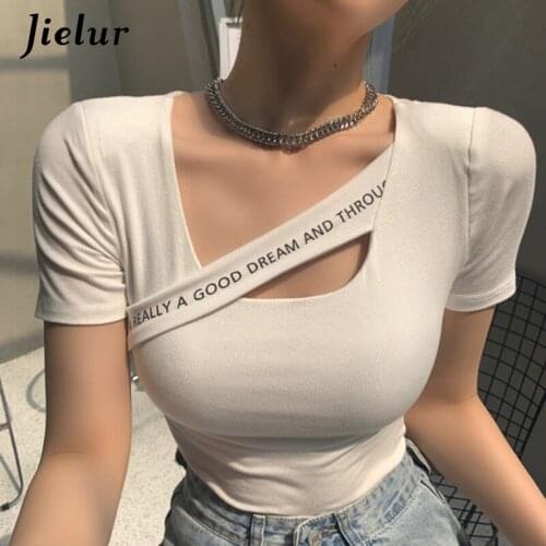 Jielur Hollow out Short-sleeved T-shirt Female Square Collar Letter Printing Tops for Women Sexy Skinny Tshirt Woman 2021 S-XL