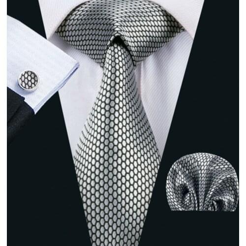 LS-1536 Barry.Wang Classic Men`s Tie 100% Silk Gray Novelty Necktie Hanky Cufflink Set For Men`s Wedding Party Business