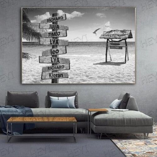 Maldives Beach Custom Wooden Name Sign Personalized Wall Art Canvas Painting Black And White Family Gifts For Living Room Decor