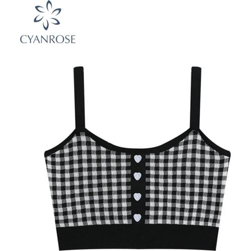 Sweet Plaid Tank Tops Sleeveless Bodycon Crop Strapl Love Button Sexy Camisole Off Shoulder Party Club Streetwear Clothes Tops