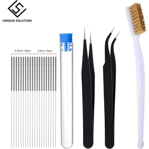 24 Pcs 3D Printer Nozzle Cleaning Kit 20 Pcs 0.35/0.4mm Needles Cleaner + Tweezers + Copper Brush Cleaner Nozzle Cleaning Tool