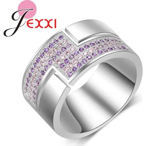 New Fashion Design Cross Wide Ring Inlaid Purple Pink Austrian Crystal 925 Sterling Silver Engagement Jewelry