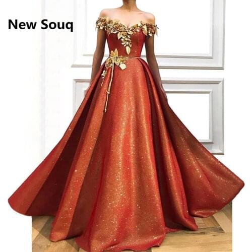 Off The Shoulder Sequined Middle East Dubai Prom Dresses Golded 3D Floral Applique Long Sleeves Evening Gowns Red Carpet Dress