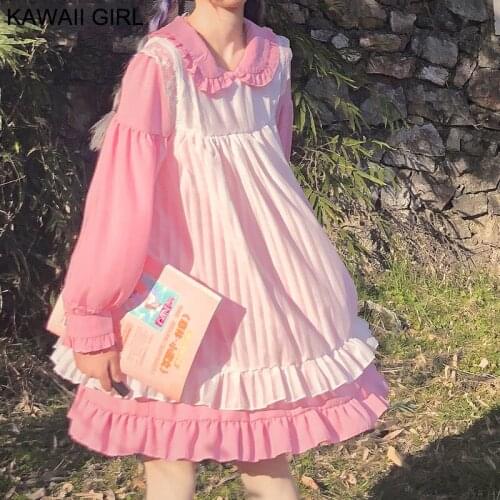 Japanese Kawaii Pink Lolita Op Dress Women Soft Girl Cute Girl Two-Piece Dresses Vintage Ruffle Maid Cosplay Black Lolita Dress