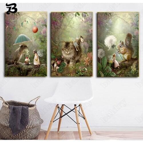 Girl Waving Wings and Animal Nursery Posters Fairy Tale World Canvas Painting Wall Art Pictures Nordic Style for Kids Room Decor