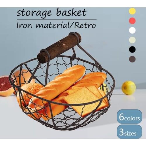 Industrial Style Wooden Handle Metal Retro Basket Portable Multi-Function Vegetable Fruit Egg Groceries Storage Basket Organizer