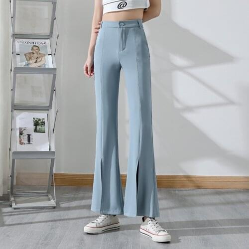 QOERLIN Temperament Micro-flared Pants Front Split Wide Leg Straight Casual Pants Women Fashion High Waist Black Suit Pant S-2XL