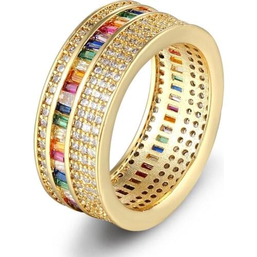 Luxury Boho Rainbow Cubic Zirconia Ring For Girlfriend Charm Rings Gold Color Copper CZ Crystal Women Engagement Wedding Jewelry