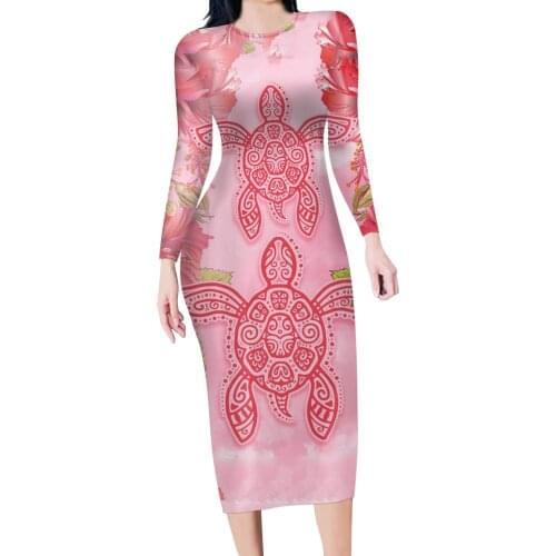 HYCOOL 2021 Sexy Skinny Women Long Sleeve Bodycon Hawaii Floral Print Party Dress Polynesian Tribal Casual Fashion Slim Outfits