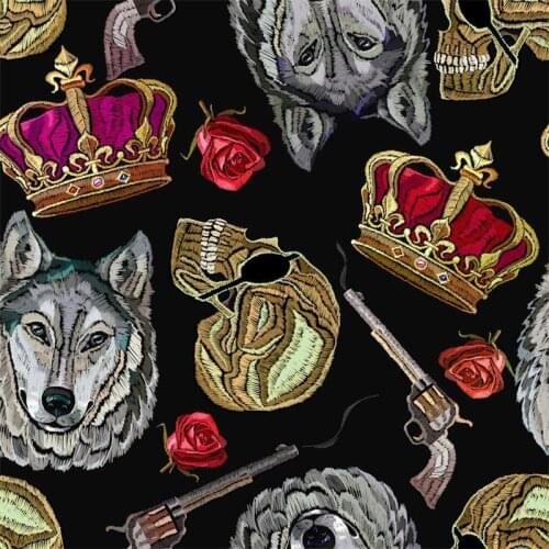 Spandex swimsuit fabric custom wolf embroidery custom printed yellow crown pattern cloth DIY handmade patchwork