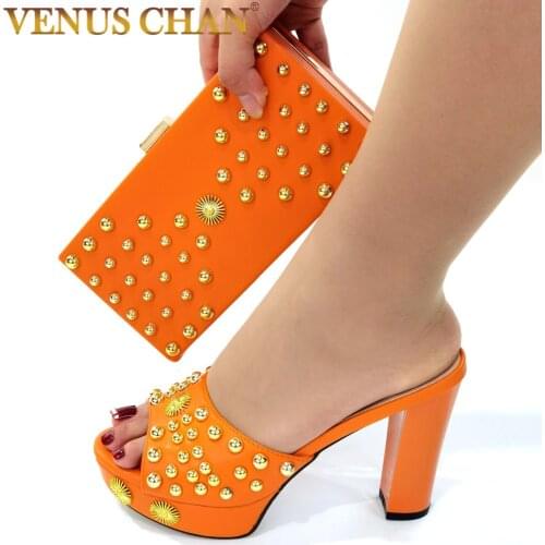 Comfortable Heels New Deisgn Italian Women Shoes and Bag Set in Orange Color Decorate with Rhinestone for Garden Party