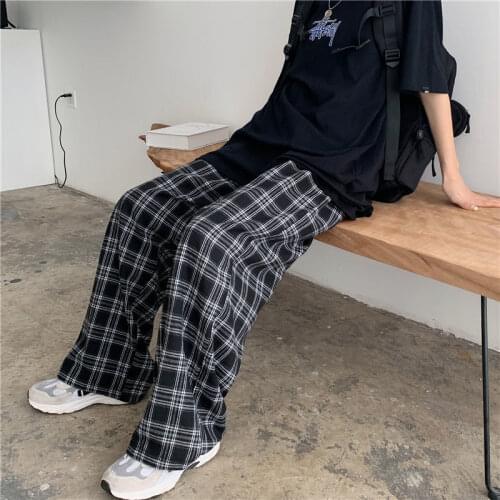 Women Pants Pants Women 2021 Loose Straight Elastic Waist Casual Pants Womens High Waist Plaid Trousers Pantalones De Mujer