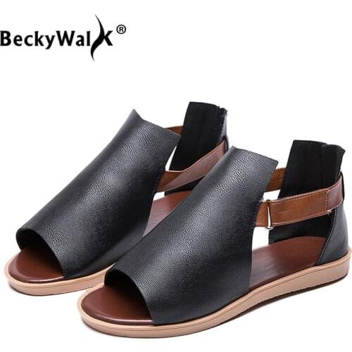 Drop Shipping Women Sandals Open Toe PU Leather Patchwork Flat Gladiator Sandals Summer Women Shoes Large Size 43 Sandal WSH3634
