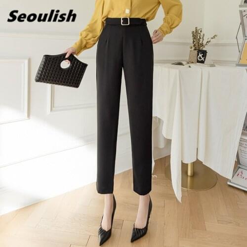 Seoulish 2021 New Formal Womens Harem Pants Sashes Spring Summer Black High Waist Female Workwear Elegant Ankle Length Trouses