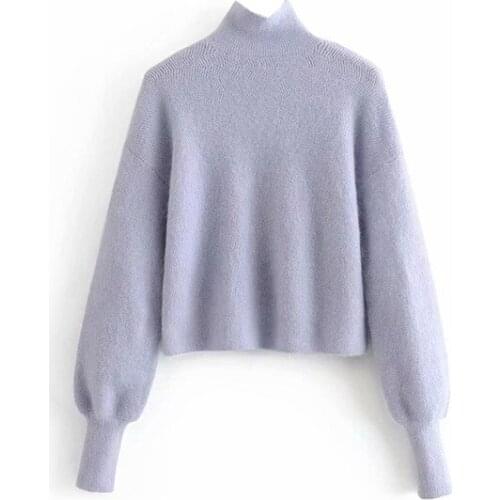 Winter Warm Women Pullover Soft Long Lantern Sleeve Jumper Loose Female Oversize Tops Casual Turtleneck Knitted Crop Sweater