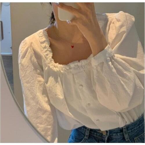 2021 Spring Women Sexy Square Bare T-shirt Pullover Long Sleeve Solid Button Egirl Korean Chic Sweet Elegant Temperament Tops