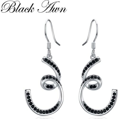 [BLACK AWN] Pure Sterling Silver 925 Jewelry Spiral Black Spinel Wedding Drop Earrings for Women Sterling Silver Jewelry I136