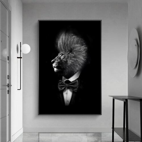Pure Black Cool Lion In A Suit Wall Art Canvas Painting Nordic Posters and Prints Wall Pictures for Living Bedroom Decoration