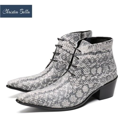 Christia Bella British Print Mid Heel Men Ankle Boots Mid Heel Real Leather Short Boots Wedding Party Lace Up Man Dress Shoes