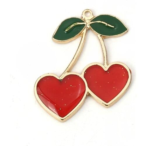 DoreenBeads Zinc Based Alloy Pendants Cherry Fruit Gold Setting Red Pink Enamel DIY Charms 30mm(1 1/8") x 27mm(1 1/8"), 5 PCs