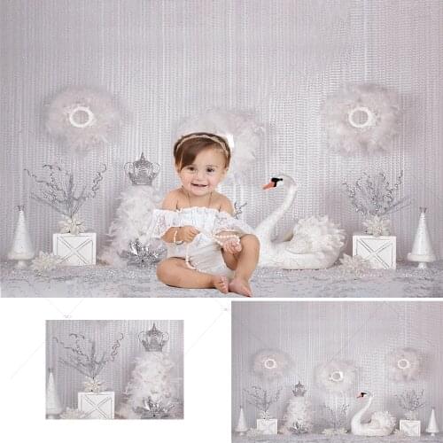 Background Photography Custom White Swan Princess Party Background Feather Decorations Flowers Girls Birthday Backdrop Studio