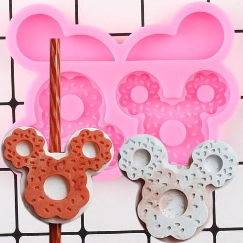 Mouse Head Donuts Straw Topper Silicone Mold Baby Birthday Candy Resin Chocolate Fondant Cake Decorating Tools Keychain Mould