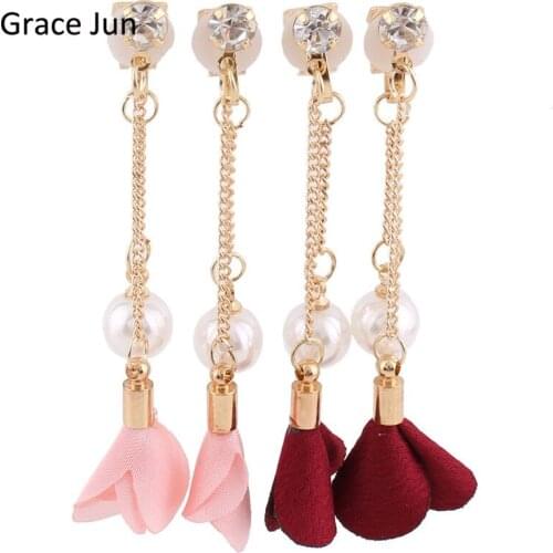 Grace Jun New design handmade tassel cloths flower Clip on Earrings Without Piercing Fashion Simulated Pearl Ear Clip