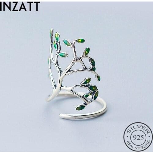 INZATT Real 925 Sterling Silver Elegant Green Leaf Branch Enamel Adjustable Ring For Women Party Cute Fashion Jewelry Gift