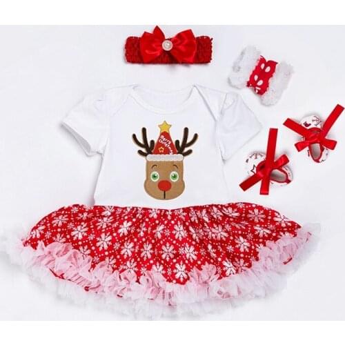 Newborn Baby Girls My First Christmas Romper Deer Appliqued Bodysuit+Shoes+Leg Warmers+Headband 4pcs Outfits Festival Gifts