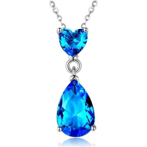 Fashion Lady Silver 925 Clavicle Necklace O Chain Jewelry Female Crystal Blue Heart Pendant Necklace Women Accessories Silver