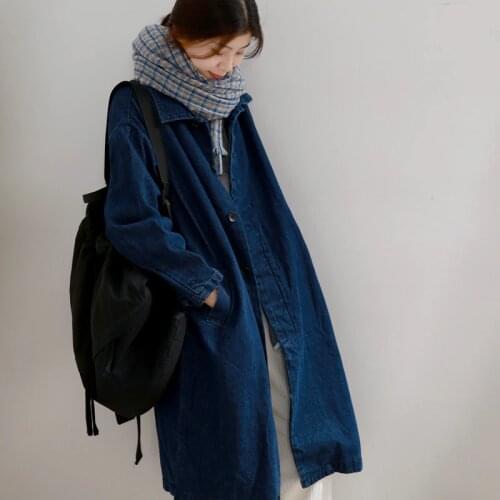 Female new autumn and beigining winter Washed cotton slim mid-length denim outerwear literary loose trench