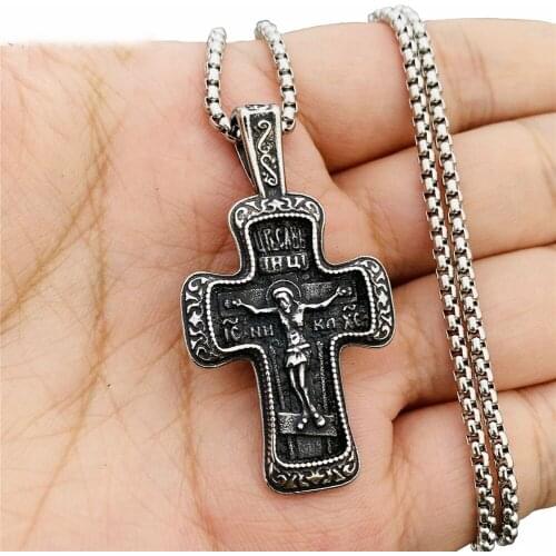Mens Russian Orthodox Crucifix Cross Pendant Necklace Stainless Steel Men