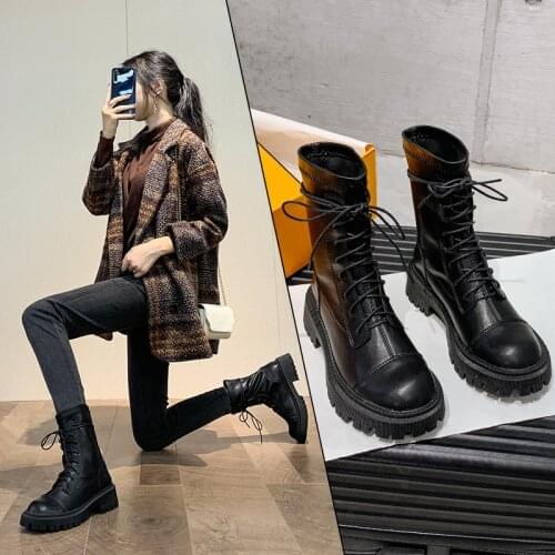 Plus size 34-43 lace-up knight boots women round toe microfiber botas british platform chunky med high heels mid-calf booties