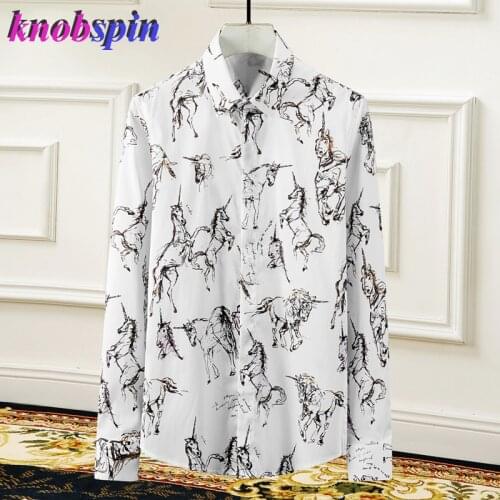 Luxury Brand mens Shirt Trendy horse totem Print long sleeve Chemise homme Casual Slim Business male dress Shirts Plus size 4XL