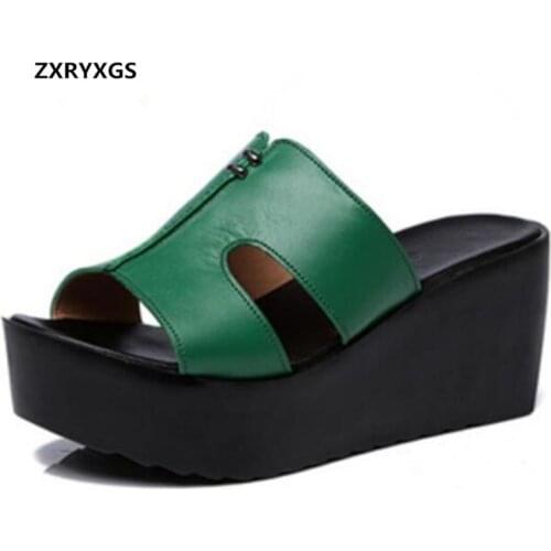 Elegant Comfortable Genuine Leather Shoes Woman Sandals Slippers 2020 Newest Platform Shoes Wedges Slippers Summer Women Sandals