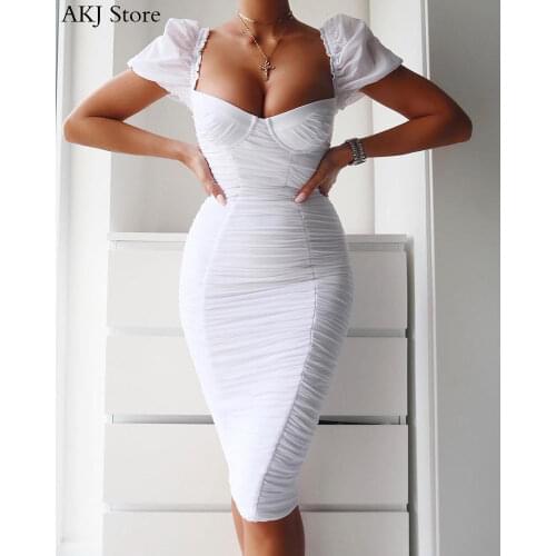 Sexy Dress Summer Frill Hem Ruched Puff Sleeve Slit Bodice Dress Square Neck Vintage Fashion 2020 Club Party Bodycon Dress