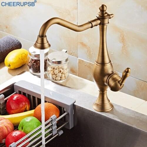 Single Hole Kitchen Faucets Hot Cold Water Mixer Tap Deck Mount Stream Water Faucet Brush Gold Retro Taps Sink Swivel Torneira