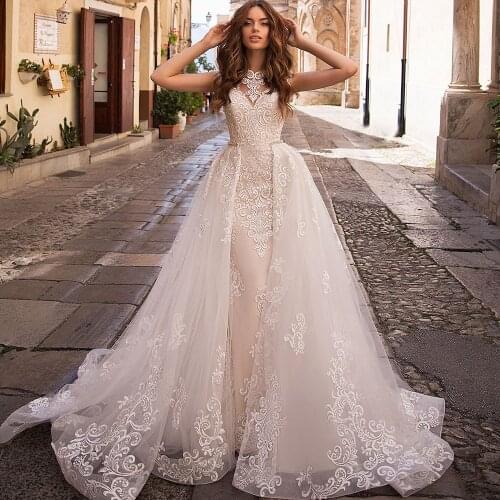 O Neck Off Shoulder Illusion Button Sexy Mermaid Wedding Dresses Appliqued Detachable Skirt 2021 New Floor Length Bridal Gowns