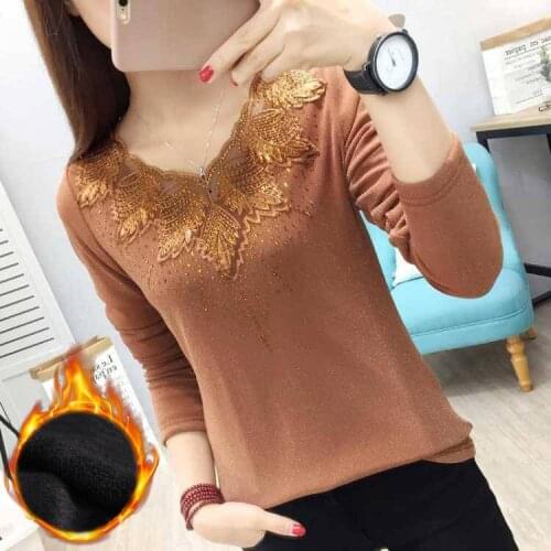 Brushed and Thick Lace V-neck Long-Sleeved Top Mesh Bottoming Shirt nv duan xiu Autumn and Winter Slim Womens Clothing