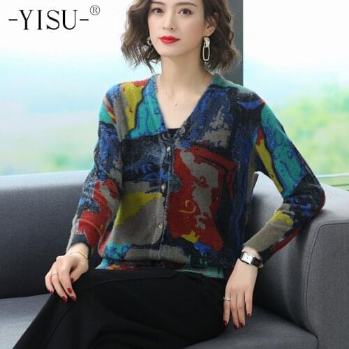 YISU Knitted Cardigan Sweater Coat Long Sleeve Sweater Jacket Women Coat Print Fashion 2020 Autumn Winter Female V-neck Casual