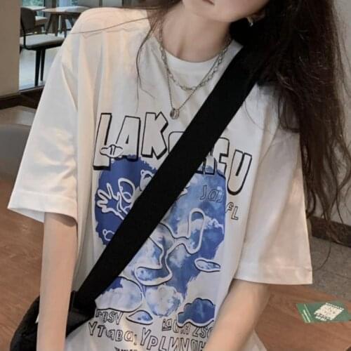 WomenS Cartoon Print T-Shirt Summer Loose Harajuku Letter Short-Sleeved T-Shirt Women Top Casual Streetwear 2021